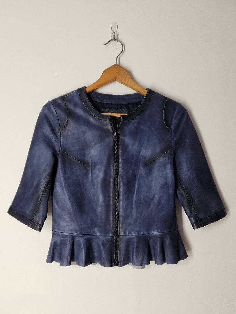 My Tribe genuine leather peplum ruffle crop jacket unique antiqued blue sz M